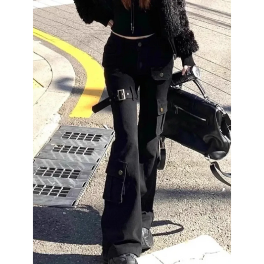 Black Cargo Flare Jeans with Buckle Detail - Bottoms - Jeans - 1