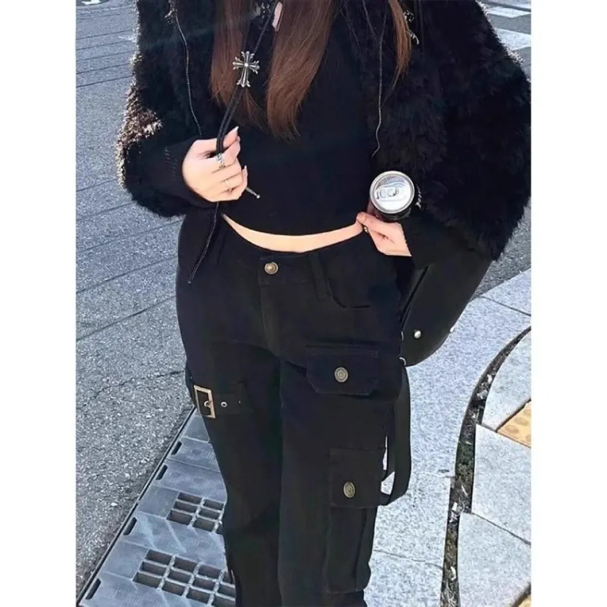 Black Cargo Flare Jeans with Buckle Detail - Bottoms - Jeans - 3