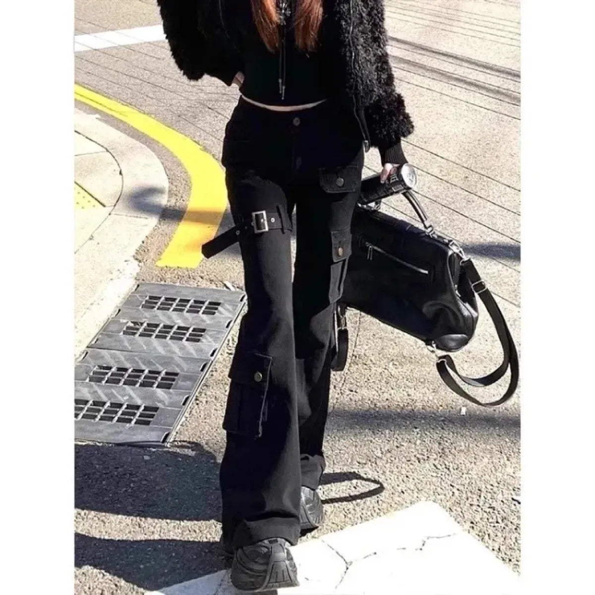 Black Cargo Flare Jeans with Buckle Detail - Bottoms - Jeans - 4