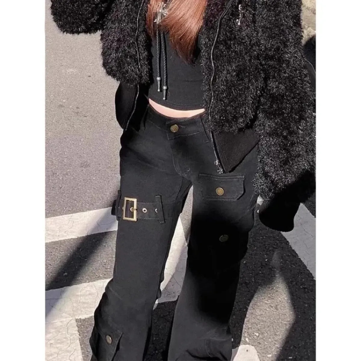 Black Cargo Flare Jeans with Buckle Detail - Bottoms - Jeans - 5