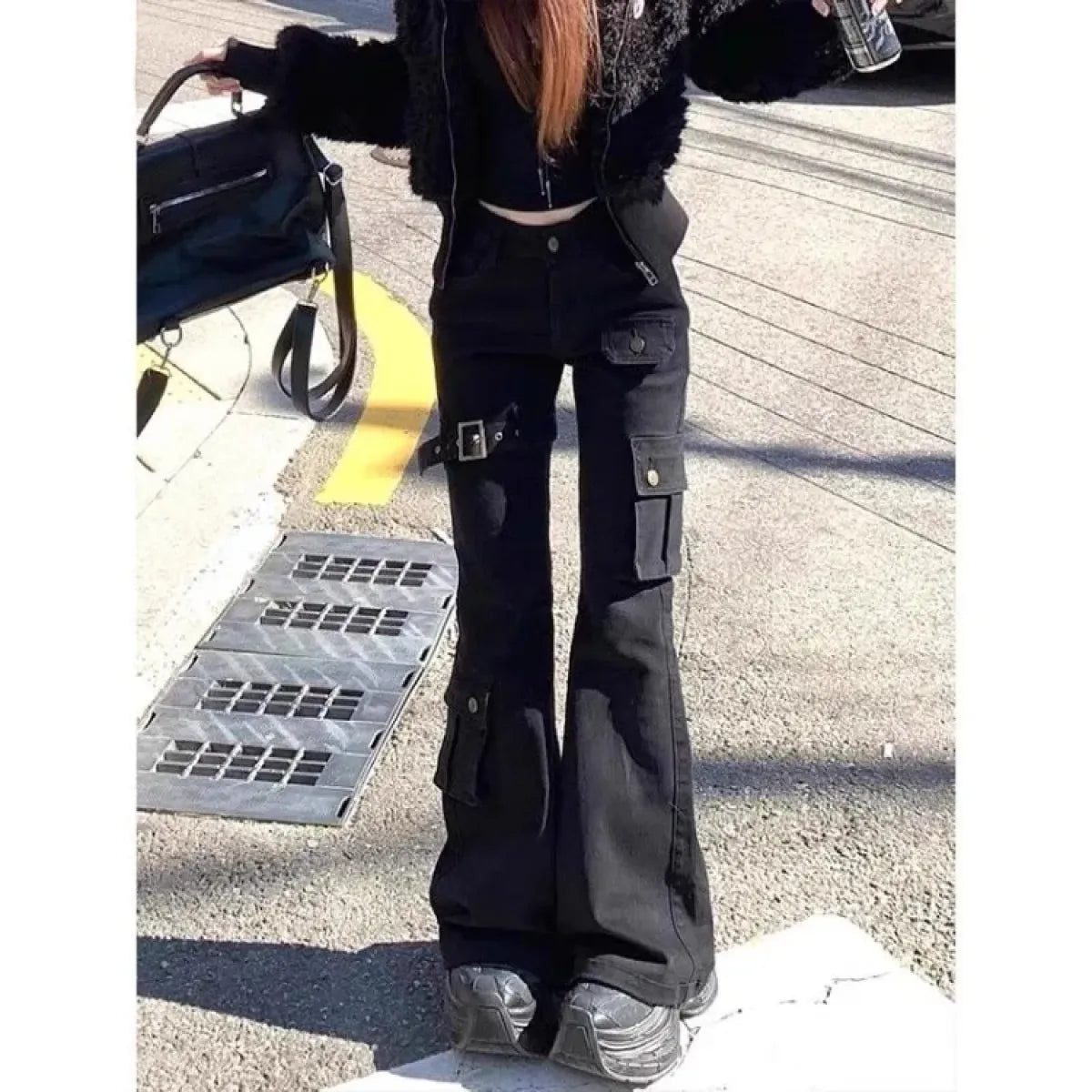 Black Cargo Flare Jeans with Buckle Detail - Bottoms - Jeans - 6