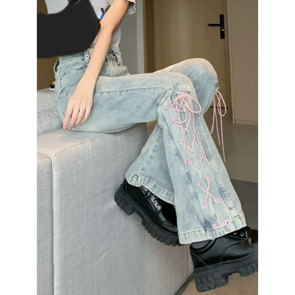 Denim Vintage Harajuku Lace-Up Flare Jeans - Bottoms - Women’s Jeans - 3