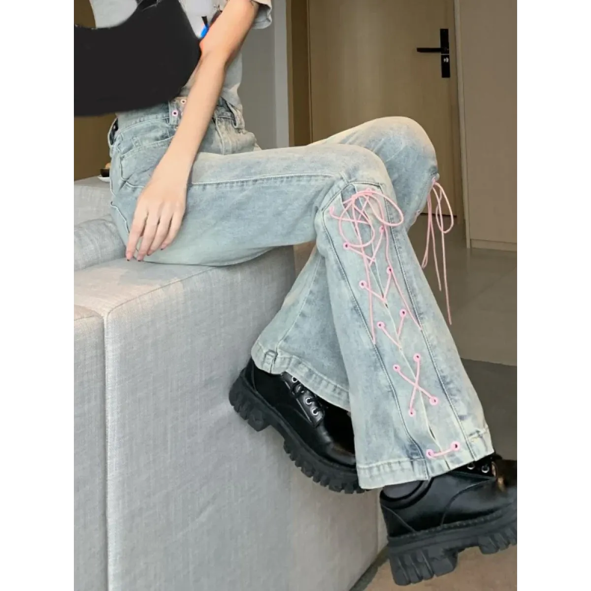 Denim Vintage Harajuku Lace-Up Flare Jeans - Bottoms - Women’s Jeans - 3