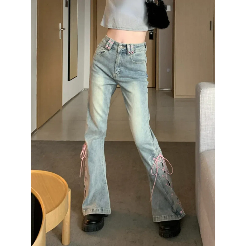 Denim Vintage Harajuku Lace-Up Flare Jeans - Bottoms - Women’s Jeans - 6