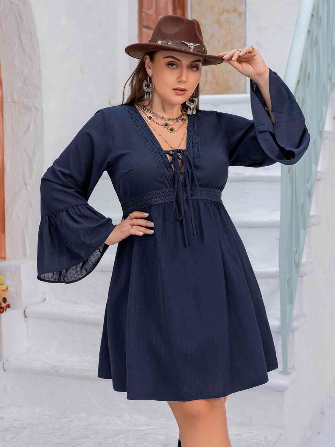 Plus Size Tie Front V-Neck Flare Sleeve Dress - Navy / 0XL - All Dresses - Dresses - 1 - 2024