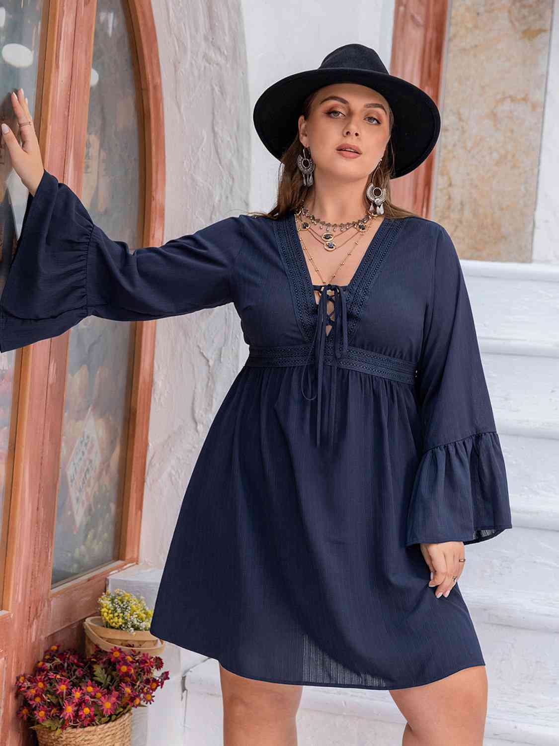 Plus Size Tie Front V-Neck Flare Sleeve Dress - All Dresses - Dresses - 3 - 2024