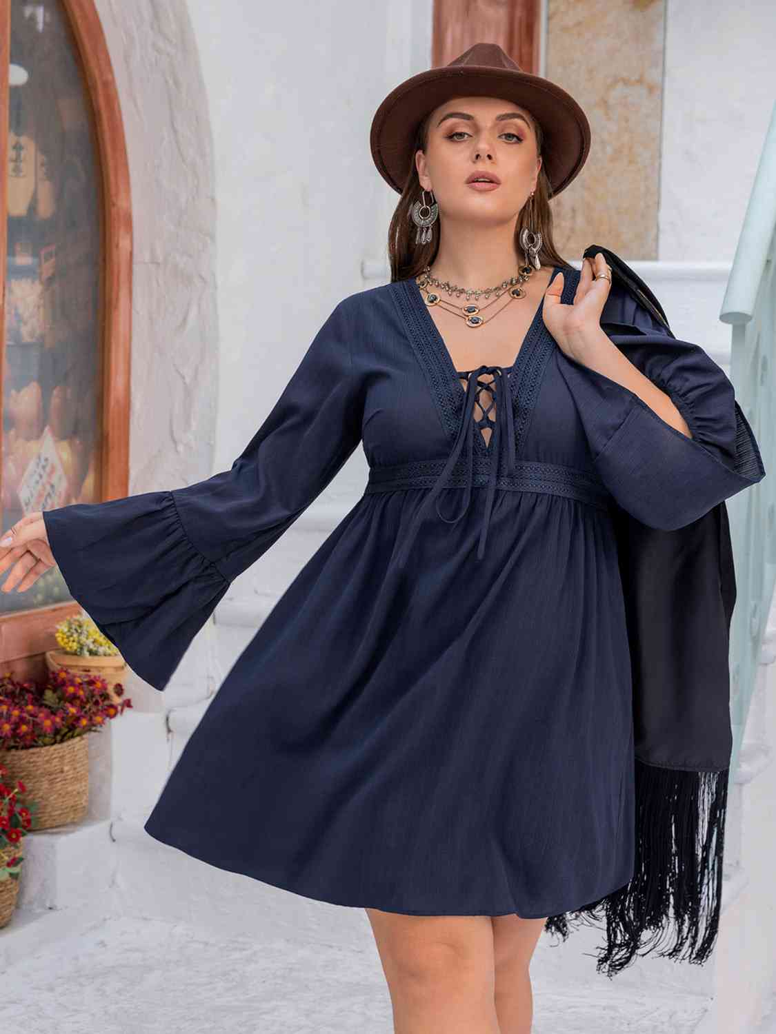 Plus Size Tie Front V-Neck Flare Sleeve Dress - All Dresses - Dresses - 4 - 2024