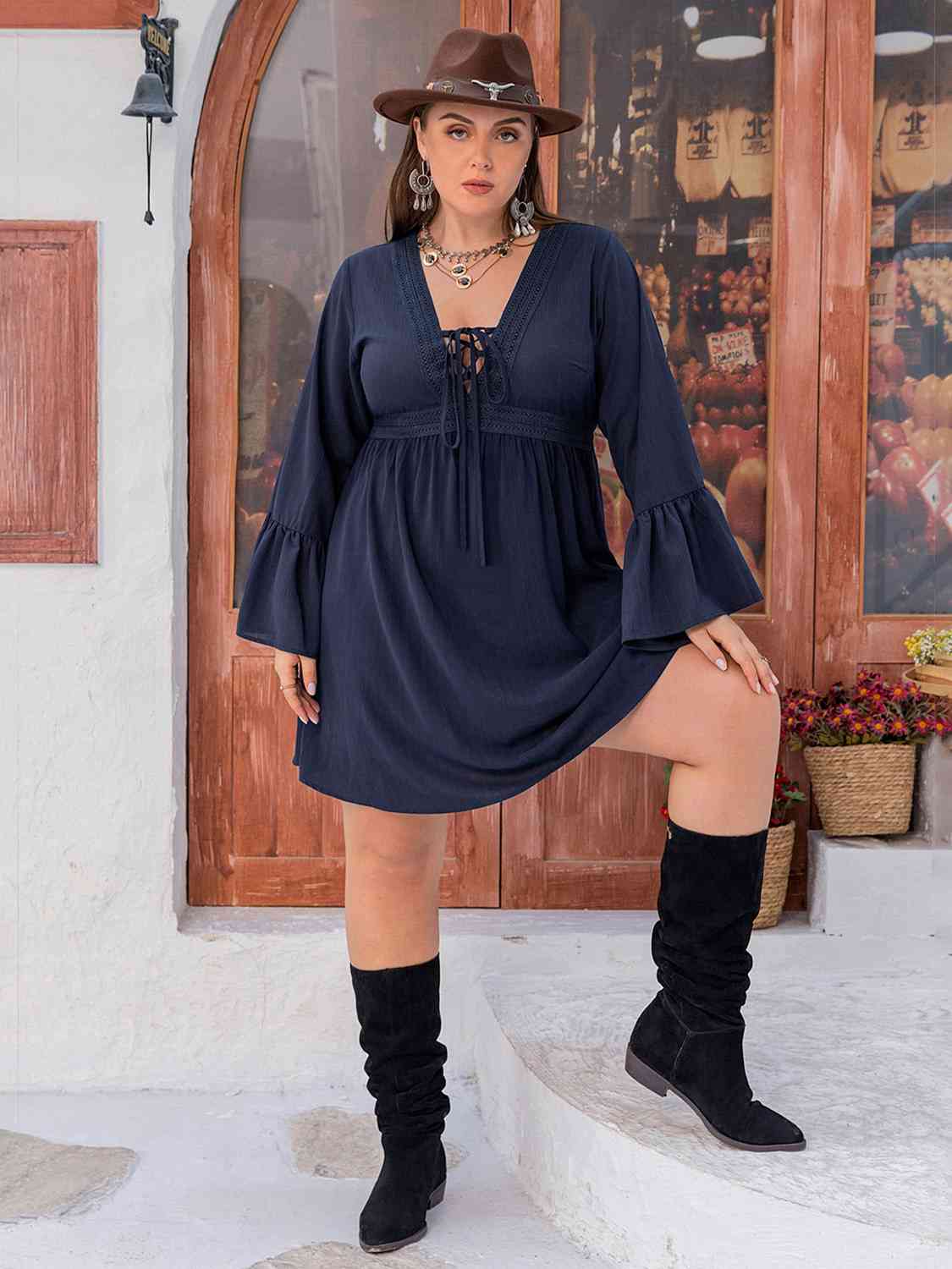 Plus Size Tie Front V-Neck Flare Sleeve Dress - All Dresses - Dresses - 5 - 2024