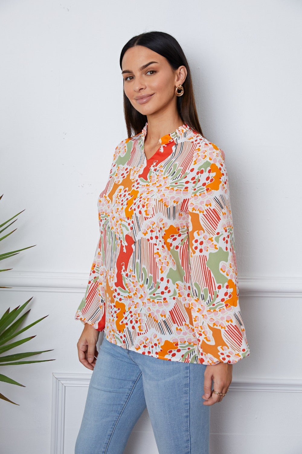 Floral Frill Notched Long Sleeve Blouse - Women’s Clothing & Accessories - Shirts & Tops - 3 - 2024