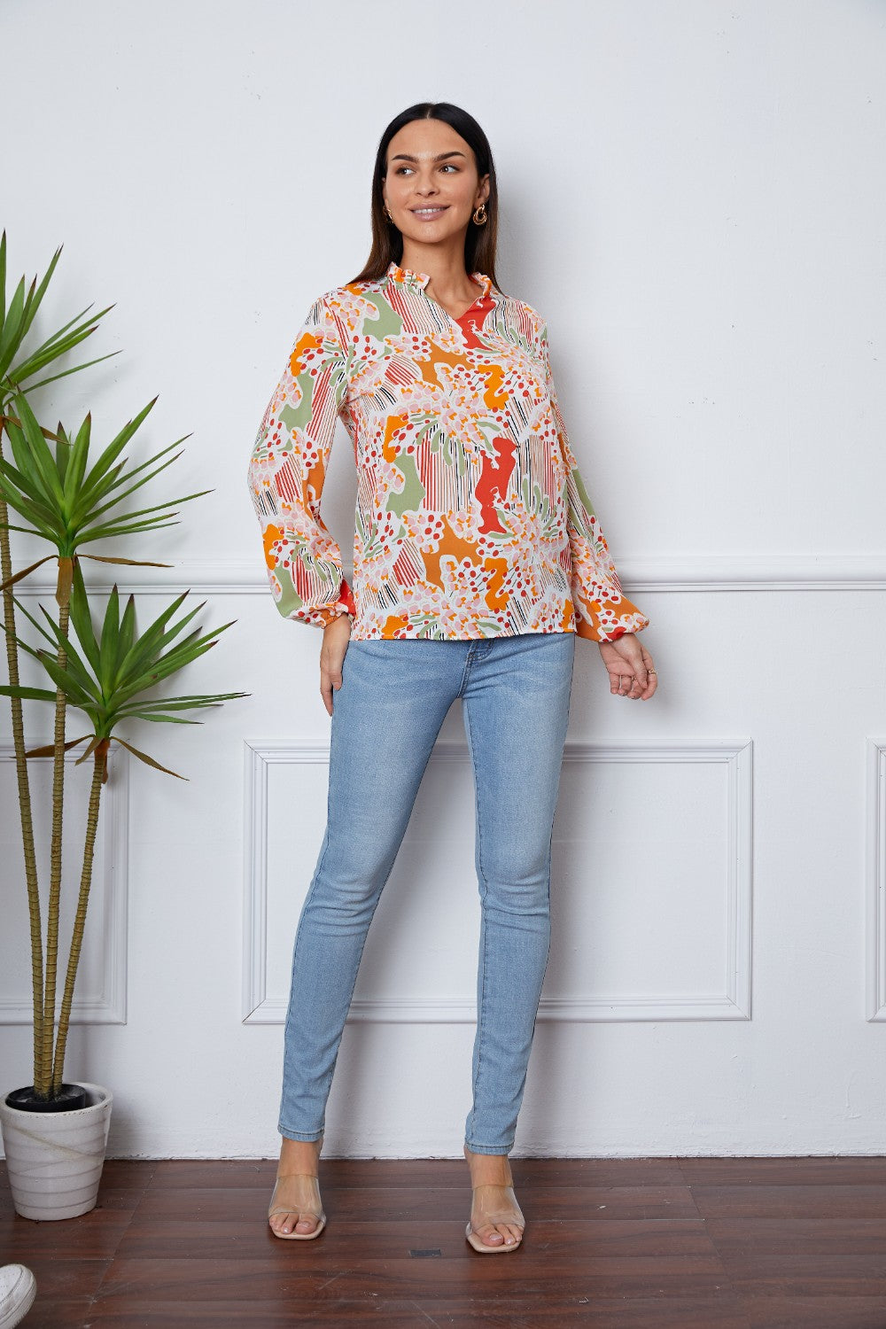 Floral Frill Notched Long Sleeve Blouse - Women’s Clothing & Accessories - Shirts & Tops - 5 - 2024