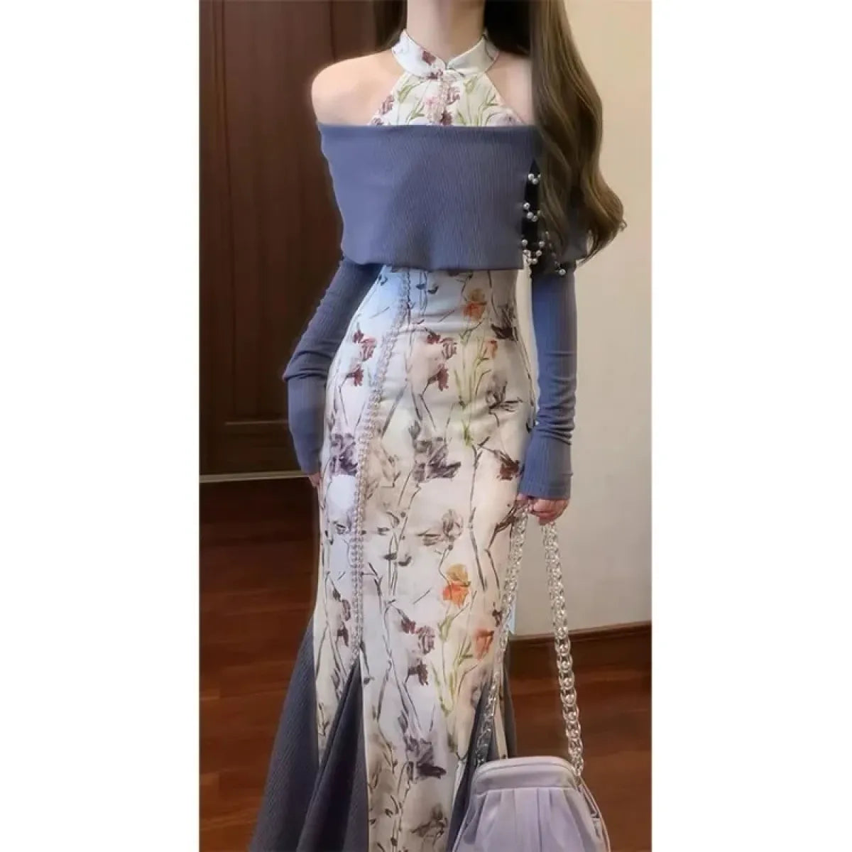 Floral Halter Bodycon Dress & Knit Off-Shoulder Set - All Dresses - Sets / Co-ords - 2