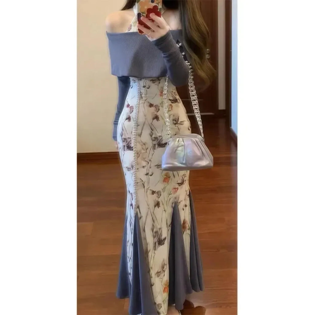 Floral Halter Bodycon Dress & Knit Off-Shoulder Set - All Dresses - Sets / Co-ords - 3