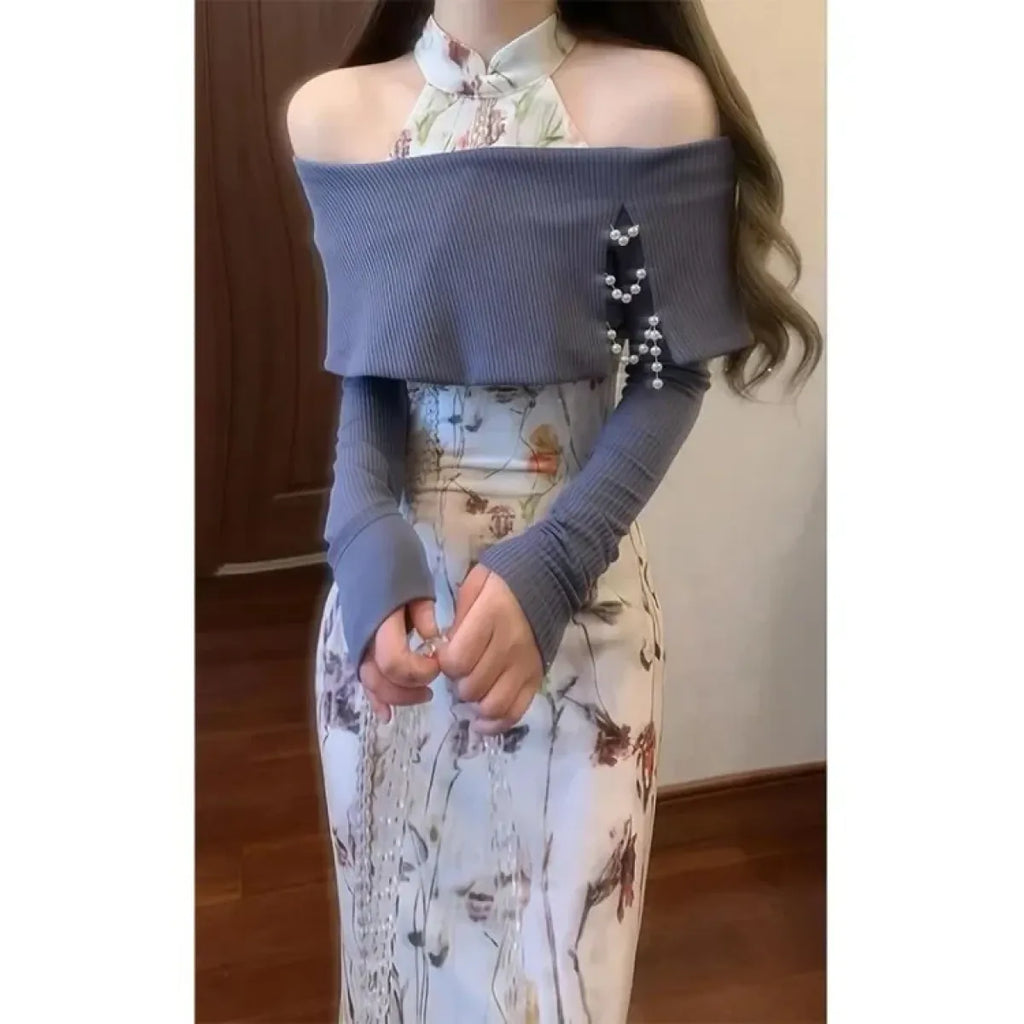 Floral Halter Bodycon Dress & Knit Off-Shoulder Set - All Dresses - Sets / Co-ords - 4