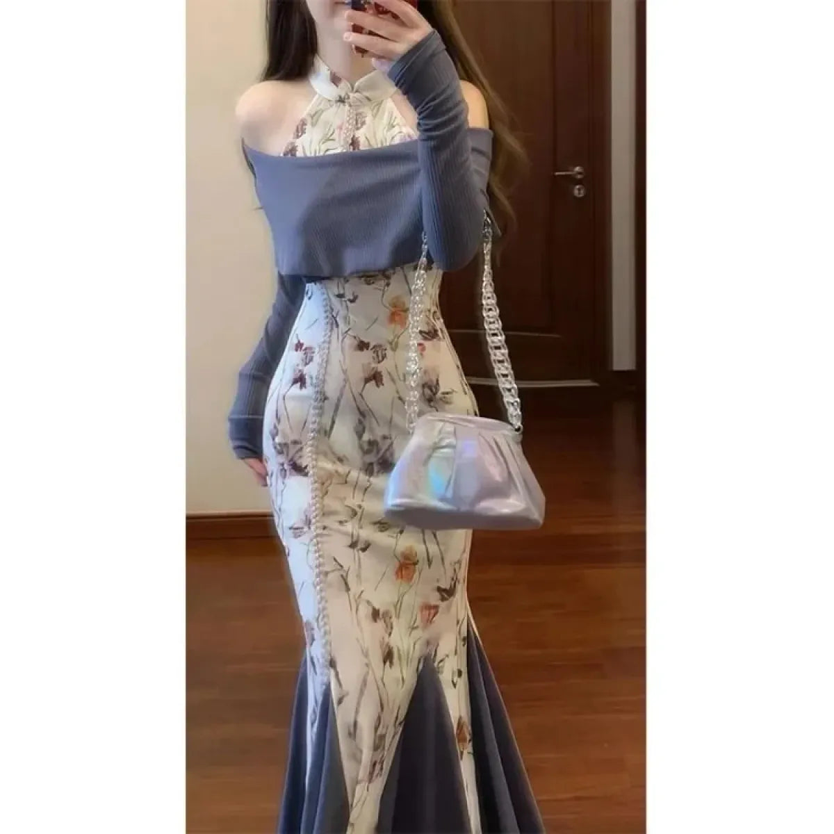 Floral Halter Bodycon Dress & Knit Off-Shoulder Set - All Dresses - Sets / Co-ords - 5