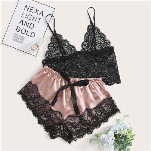 Floral Lace Bralette with Satin Shorts Set for Women - Pink / S - Women’s Clothing & Accessories - Sleepwear &