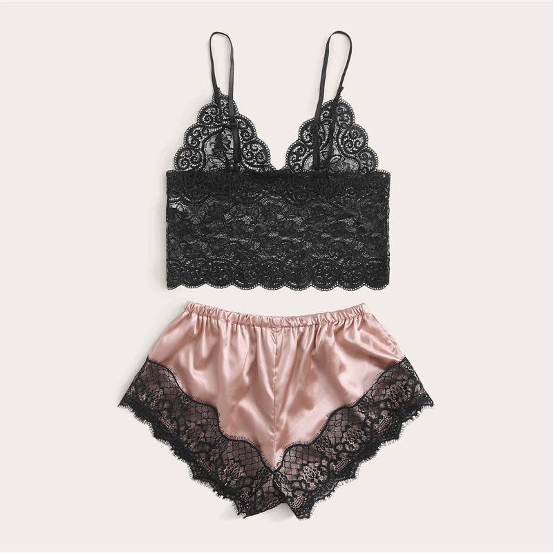 Floral Lace Bralette with Satin Shorts Set for Women - Women’s Clothing & Accessories - Sleepwear & Loungewear - 4