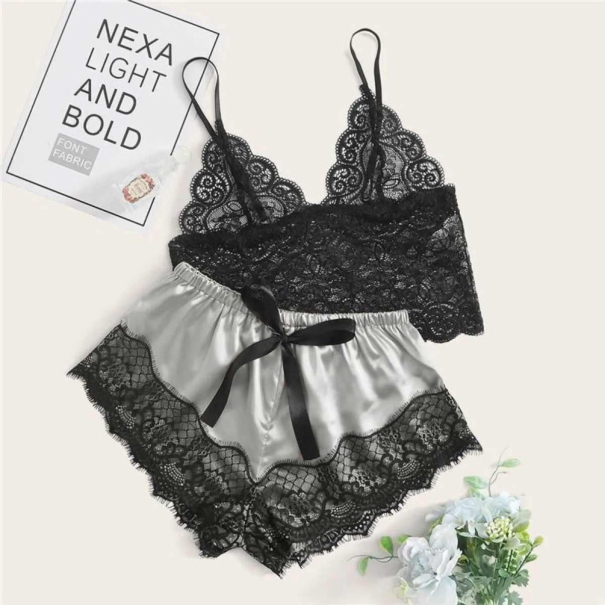 Floral Lace Bralette with Satin Shorts Set for Women - Women’s Clothing & Accessories - 5