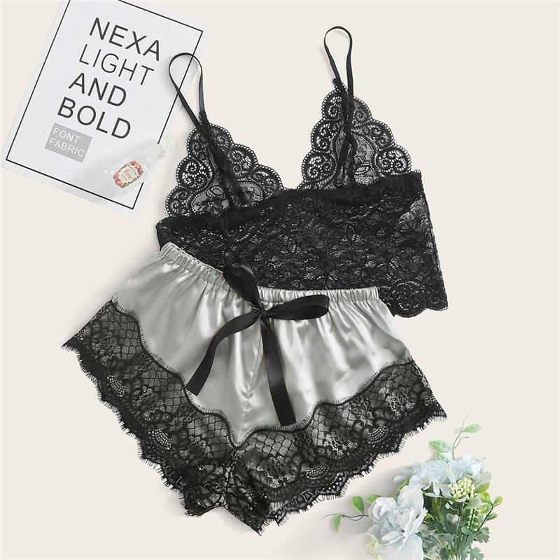 Floral Lace Bralette with Satin Shorts Set for Women - Women’s Clothing & Accessories - Sleepwear & Loungewear - 5