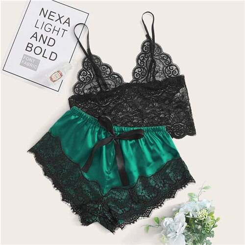 Floral Lace Bralette with Satin Shorts Set for Women - Green / M - Women’s Clothing & Accessories - Sleepwear &