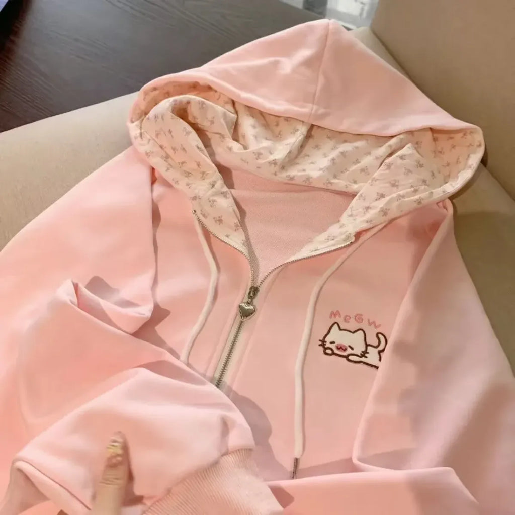Kawaii Cat Zip Hoodie with Floral Lining - Tops & Tees - Hoodie - 9