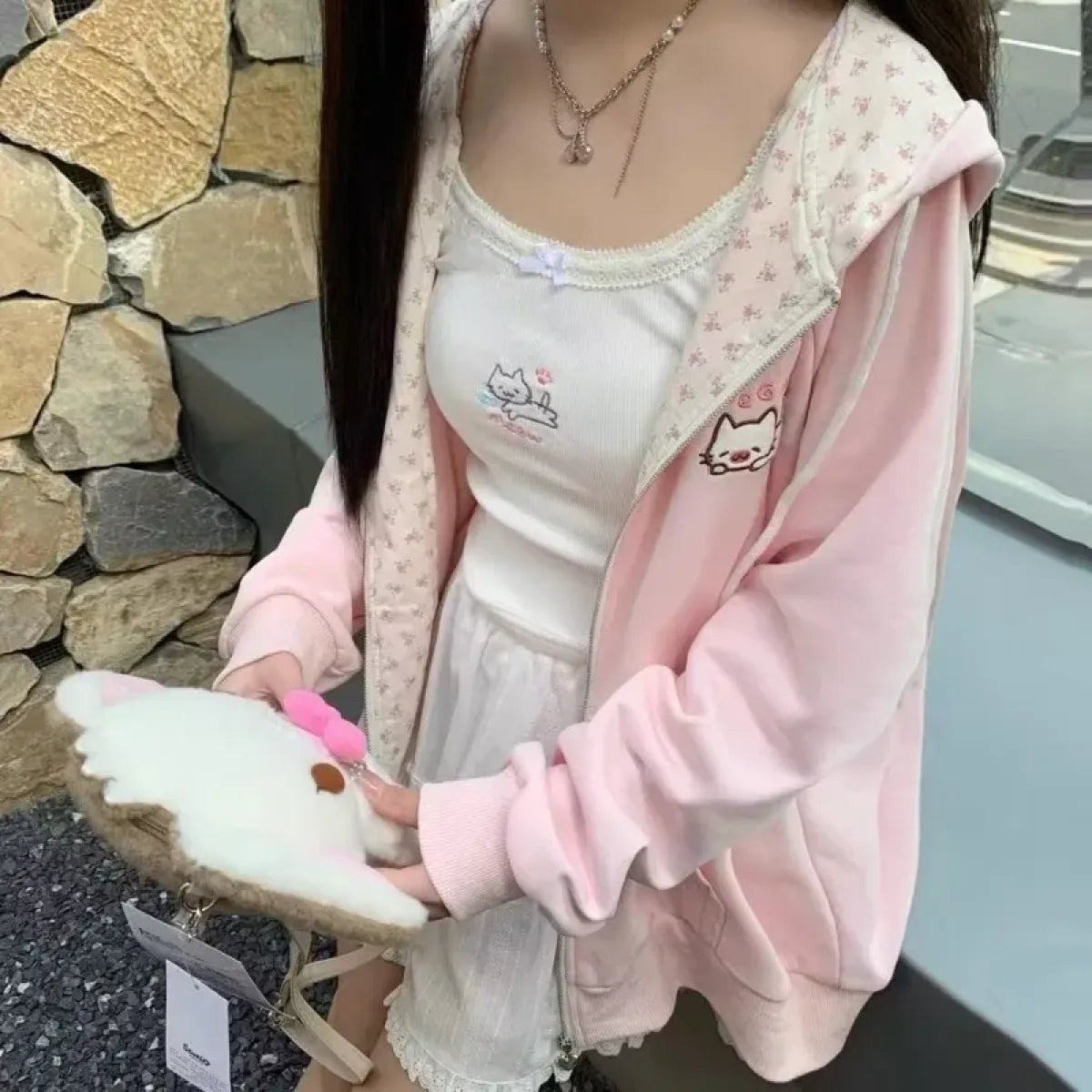 Kawaii Cat Zip Hoodie with Floral Lining - Tops & Tees - Hoodie - 4