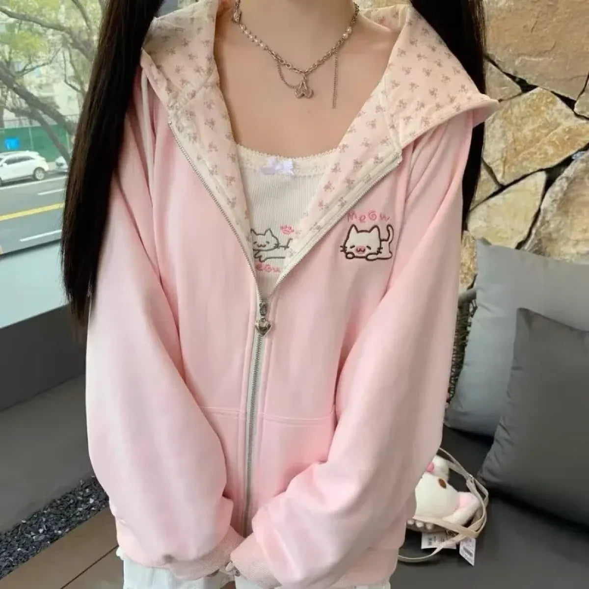 Kawaii Cat Zip Hoodie with Floral Lining - Best Sellers - Hoodie - 1
