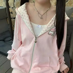 Kawaii Cat Zip Hoodie with Floral Lining - Tops & Tees - Hoodie - 5