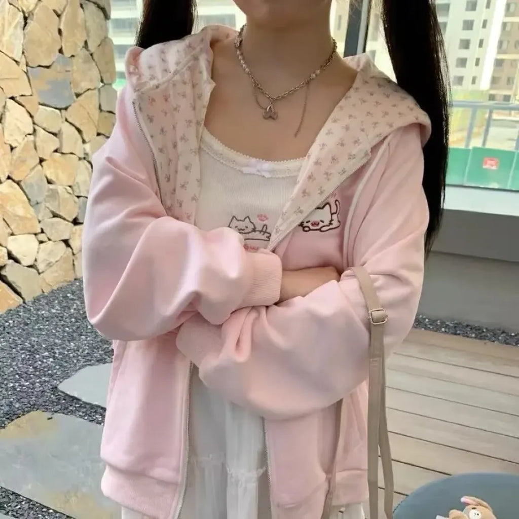 Kawaii Cat Zip Hoodie with Floral Lining - Tops & Tees - Hoodie - 6