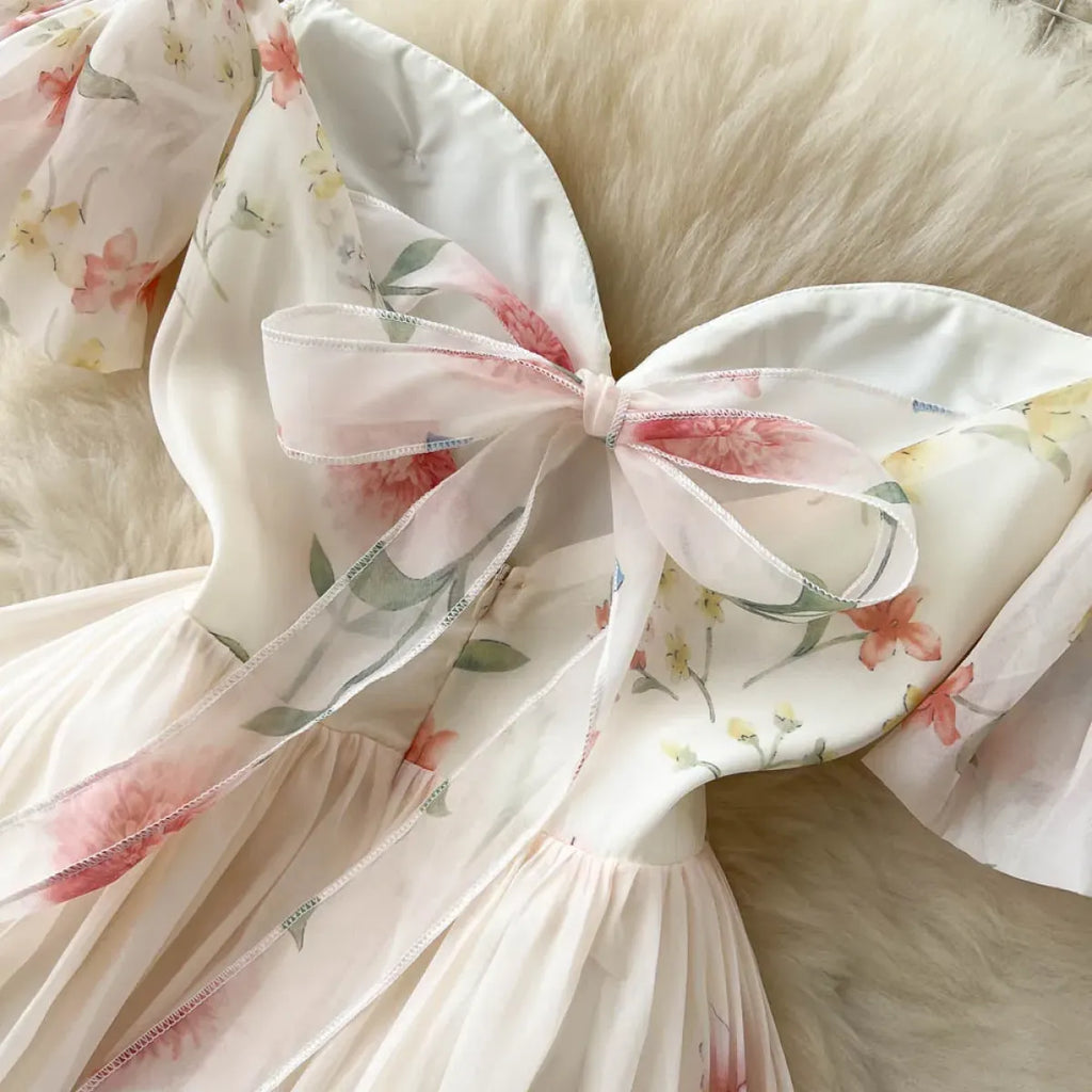 Off-Shoulder Floral Maxi Dress – Women’s Summer Corset Sundress with Puff Sleeves - All Dresses - Short - Off-Shoulder