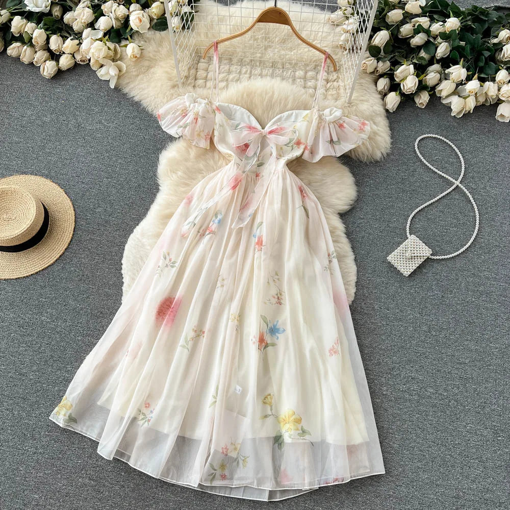 Off-Shoulder Floral Maxi Dress – Women’s Summer Corset Sundress with Puff Sleeves - Beige / S - All Dresses