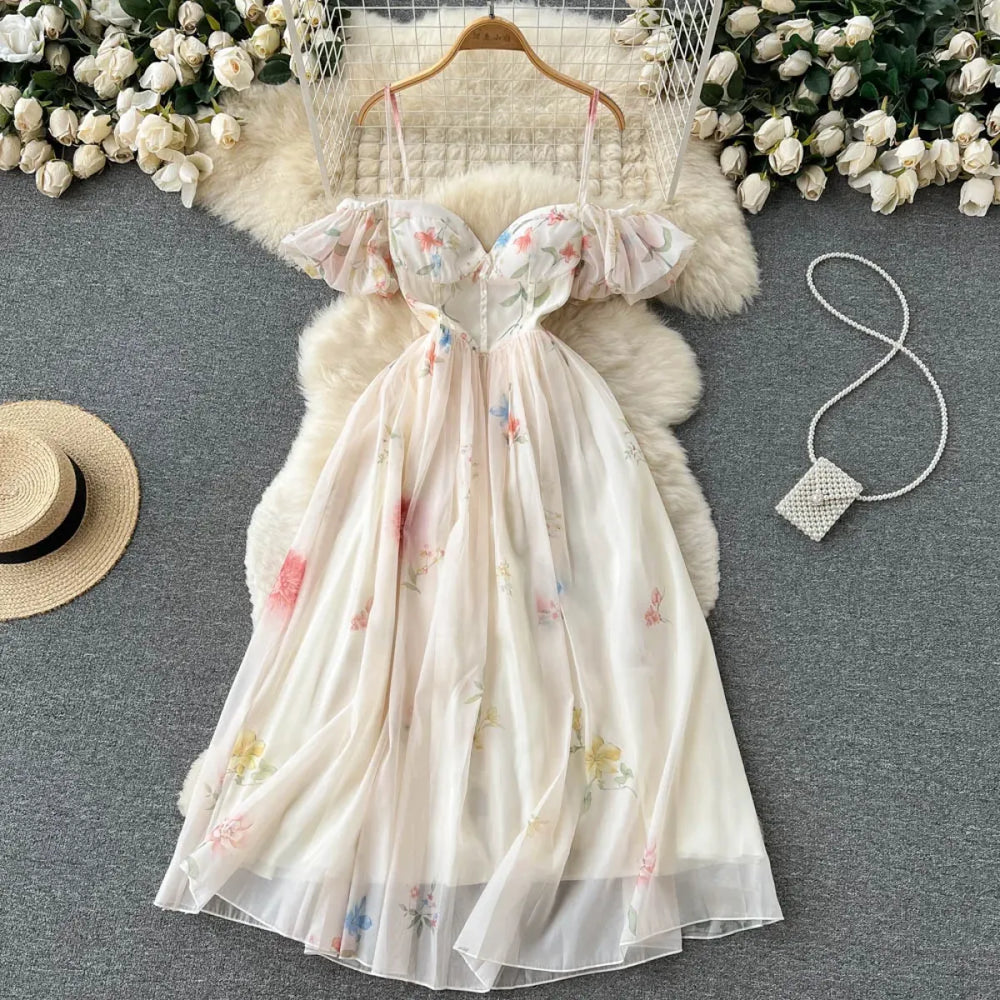 Off-Shoulder Floral Maxi Dress – Women’s Summer Corset Sundress with Puff Sleeves - All Dresses - Short - Off-Shoulder