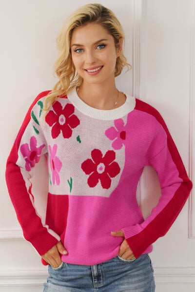 Floral Round Neck Dropped Shoulder Sweater - Pink / S - Sweaters - Shirts & Tops - 1 - 2024