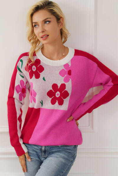 Floral Round Neck Dropped Shoulder Sweater - Sweaters - Shirts & Tops - 4 - 2024