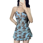 Ruffle Hem One Piece Swimsuit – Floral Ruched Kawaii Mini Dress - All Dresses - Strapless - Swimwear - 4