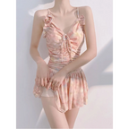 Floral Ruched Korean Swimsuit – 3D Flower One-Piece Skirted - Bottoms - Sleeveless - Swimwear - 2
