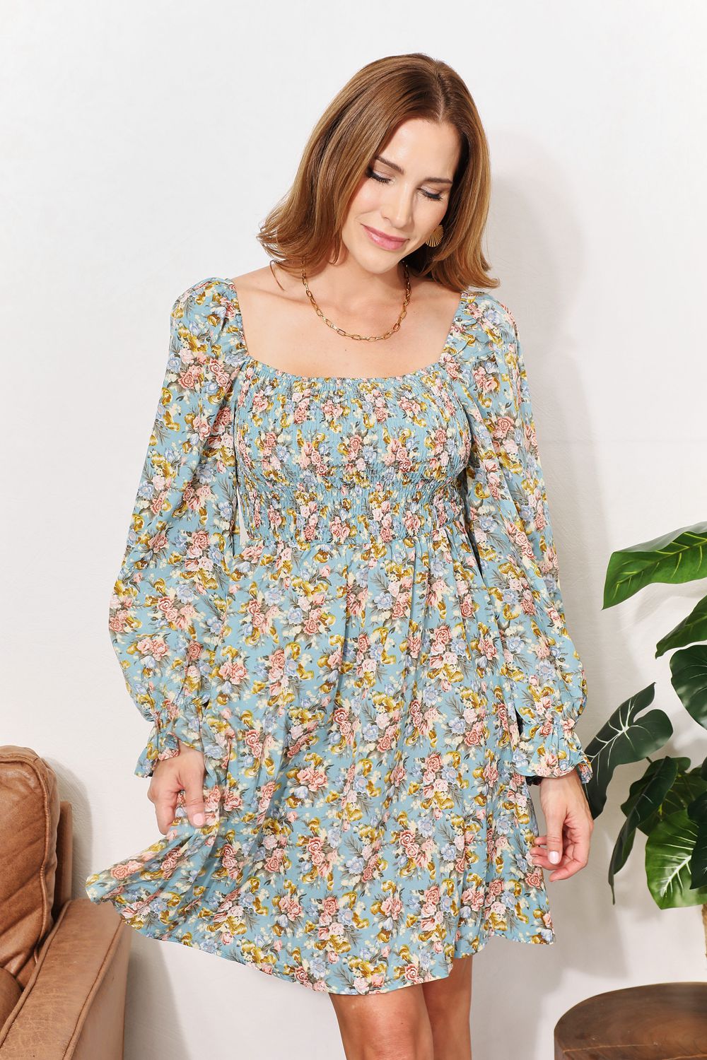 Floral Smocked Flounce Sleeve Square Neck Dress - All Dresses - Dresses - 3 - 2024