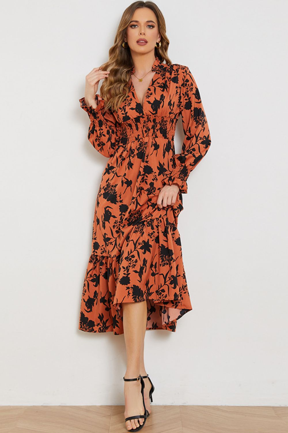 Floral Smocked Long Flounce Sleeve Dress - Orange / S - All Dresses - Dresses - 1 - 2024