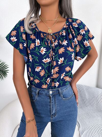 Floral Tie Neck Flutter Sleeve Blouse - Women’s Clothing & Accessories - Shirts & Tops - 11 - 2024