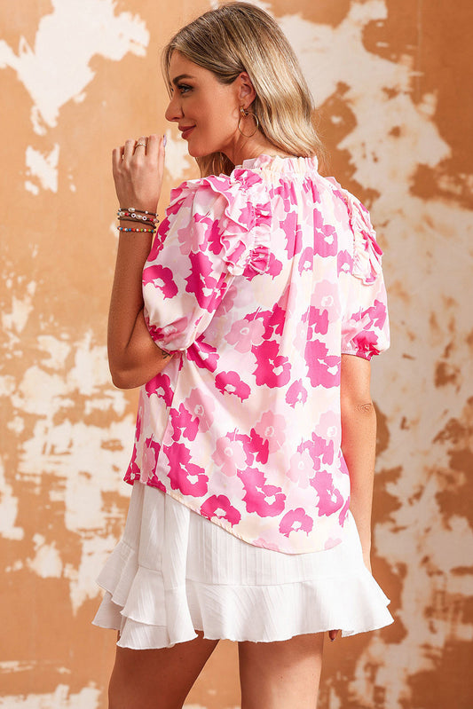 Floral Tie Neck Ruffle Shoulder Blouse - Women’s Clothing & Accessories - Shirts & Tops - 2 - 2024