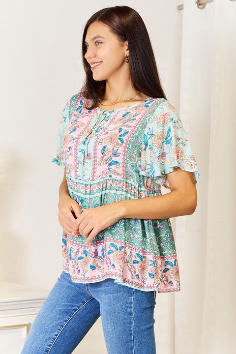 Floral Tie Neck Short Sleeve Blouse - Women’s Clothing & Accessories - Shirts & Tops - 6 - 2024