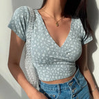 Floral V-Neck Stretchy Crop Top - Women’s Clothing & Accessories - Crop Tops - 2