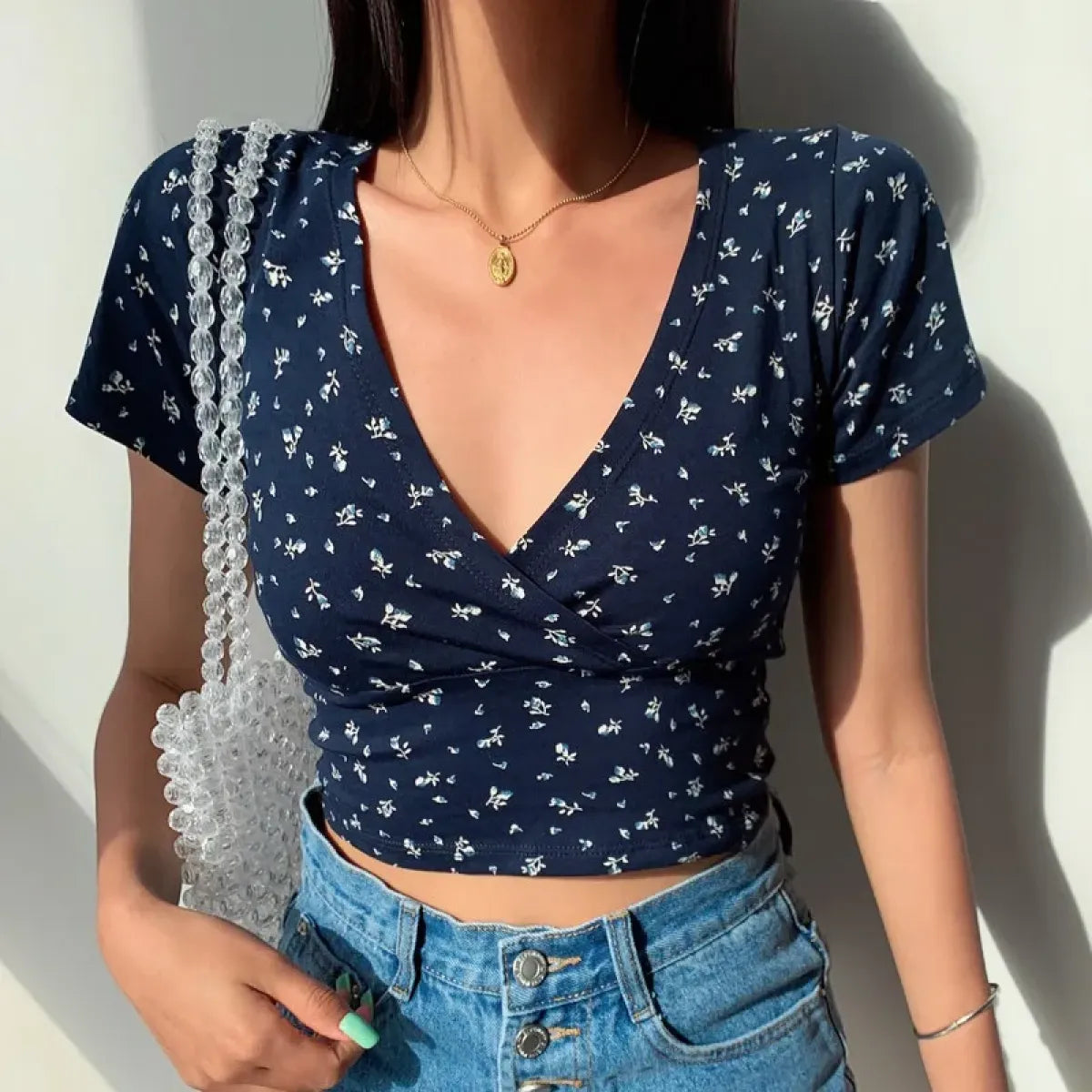 Floral V-Neck Stretchy Crop Top - Women’s Clothing & Accessories - Crop Tops - 3