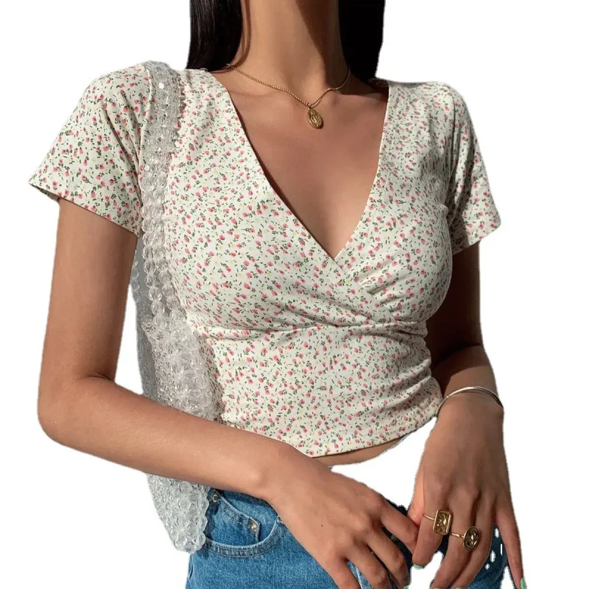 Floral V-Neck Stretchy Crop Top - Women’s Clothing & Accessories - Crop Tops - 4