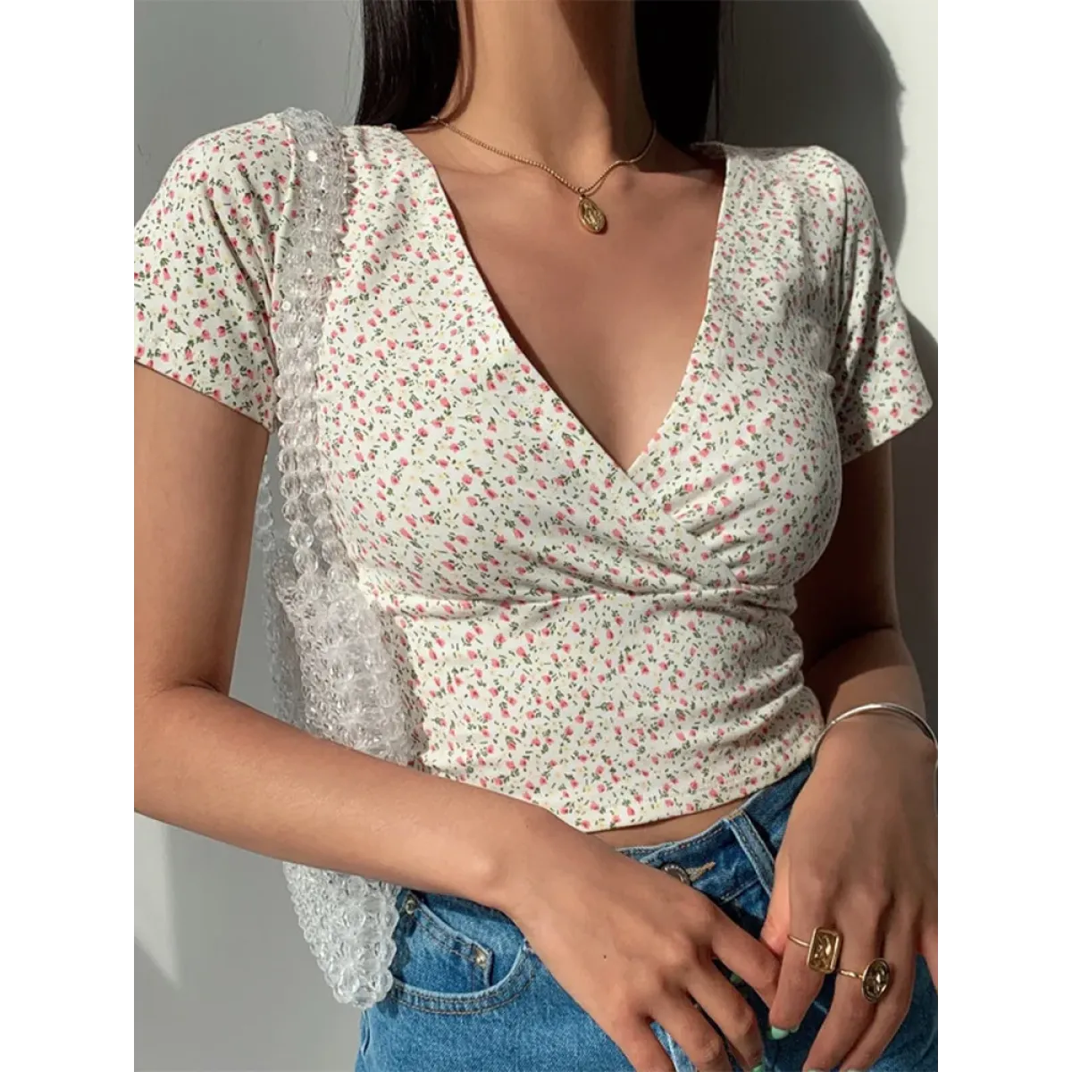 Floral V-Neck Stretchy Crop Top - Women’s Clothing & Accessories - Crop Tops - 6