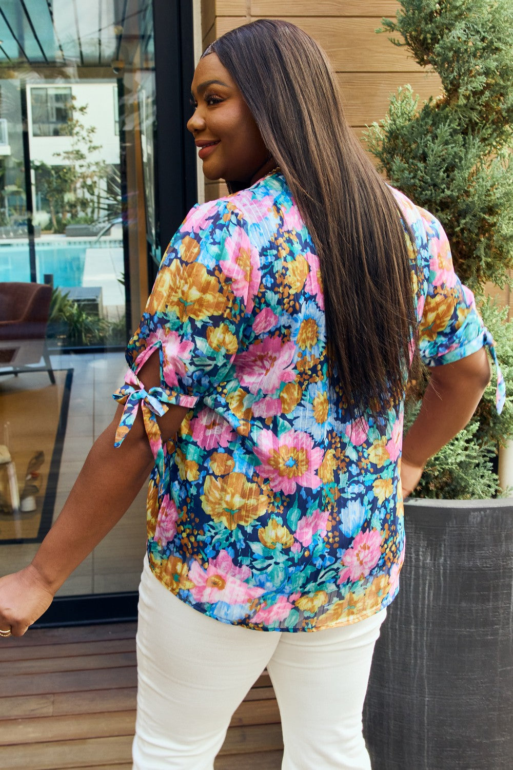 Full Size Floral V-Neck Tie Detail Blouse - Women’s Clothing & Accessories - Shirts & Tops - 8 - 2024