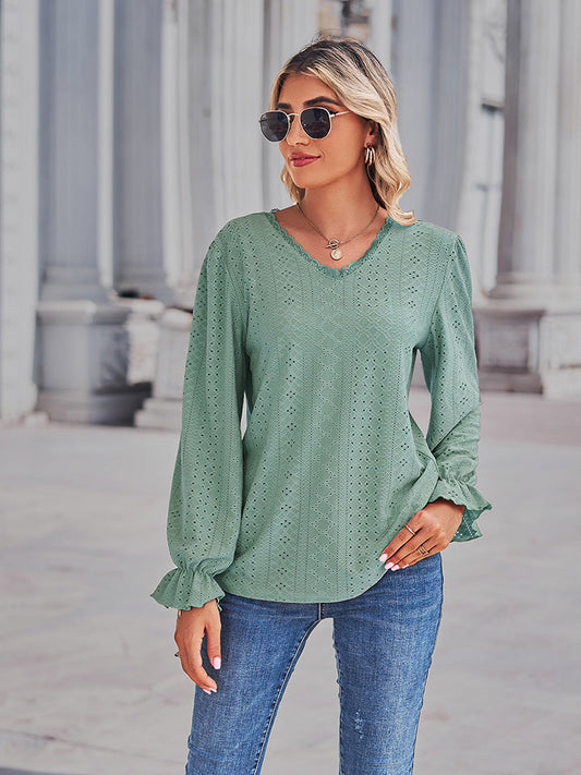 Eyelet V-Neck Flounce Sleeve Blouse - Green / S - Women’s Clothing & Accessories - Shirts & Tops - 1 - 2024