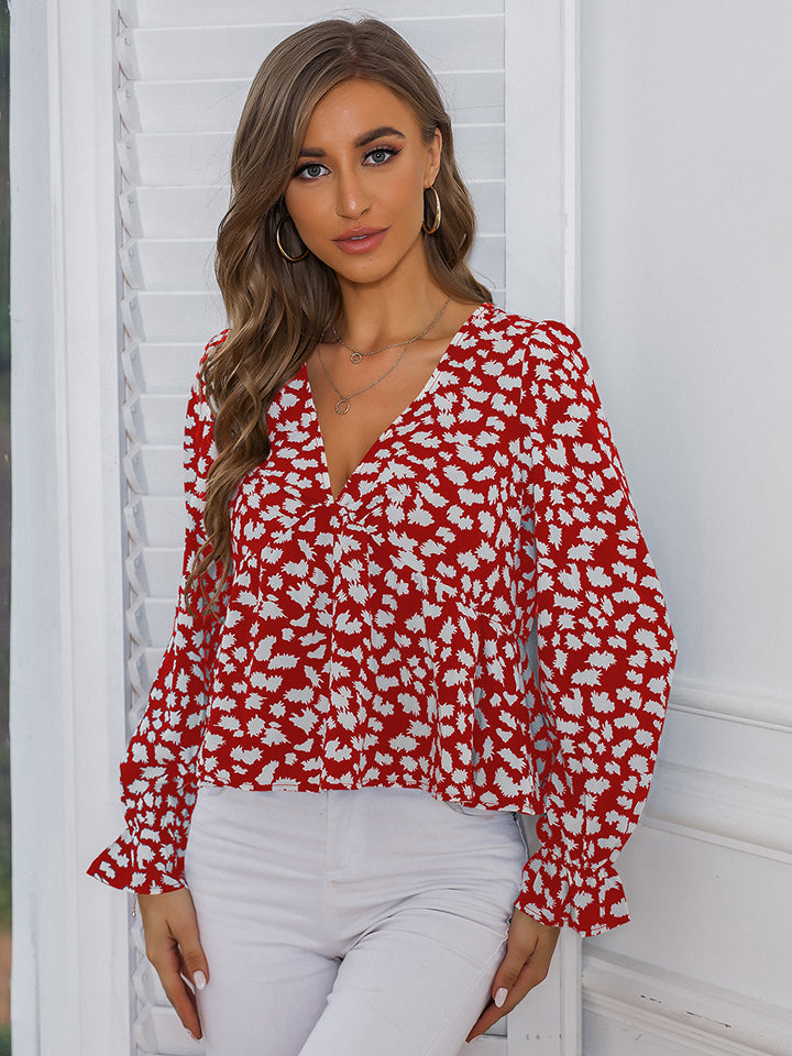 Printed V-Neck Flounce Sleeve Blouse - Women’s Clothing & Accessories - Shirts & Tops - 3 - 2024