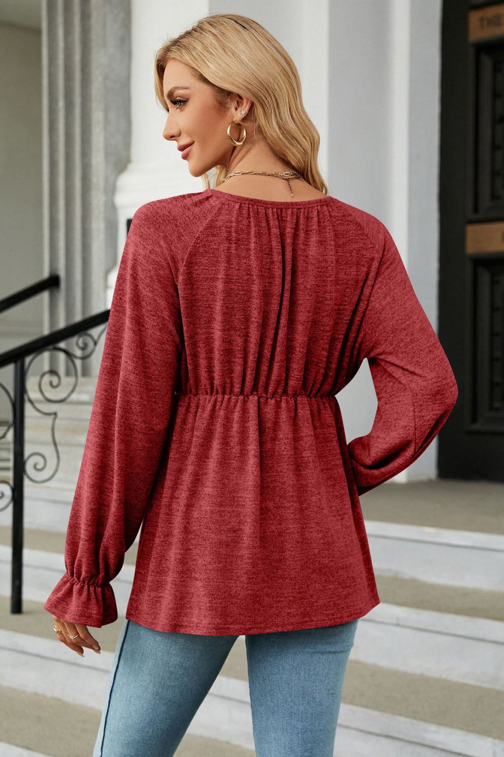 Round Neck Flounce Sleeve Blouse - Women’s Clothing & Accessories - Shirts & Tops - 12 - 2024