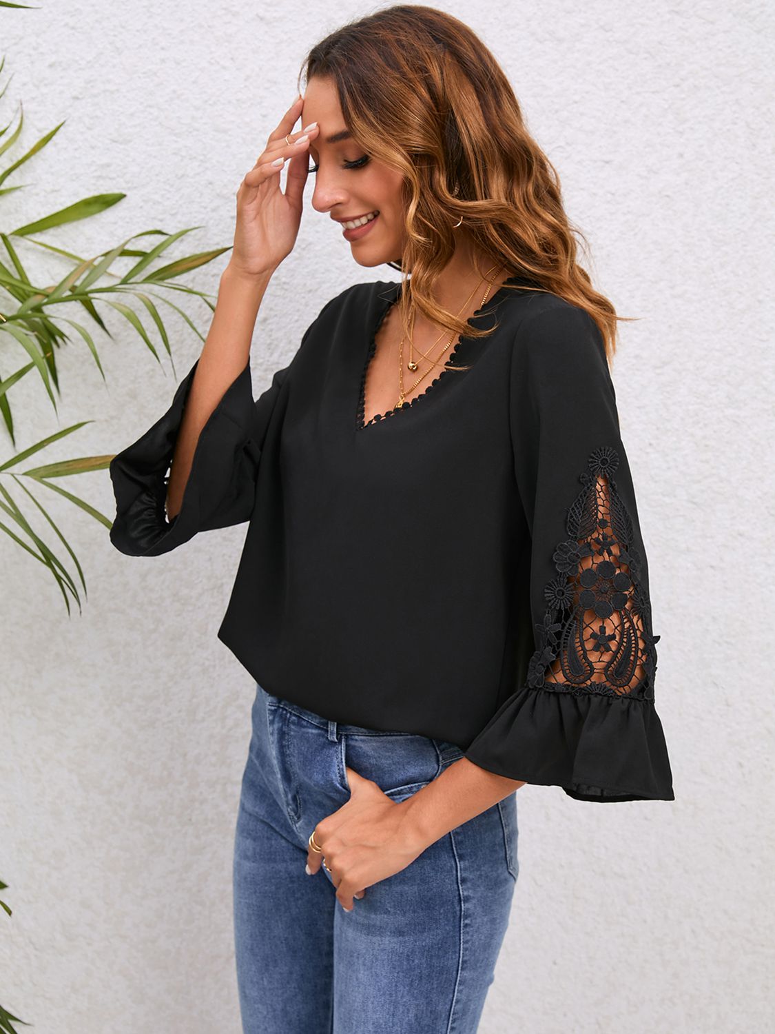 V-Neck Lace Detail Flounce Sleeve Blouse - Women’s Clothing & Accessories - Dresses - 6 - 2024