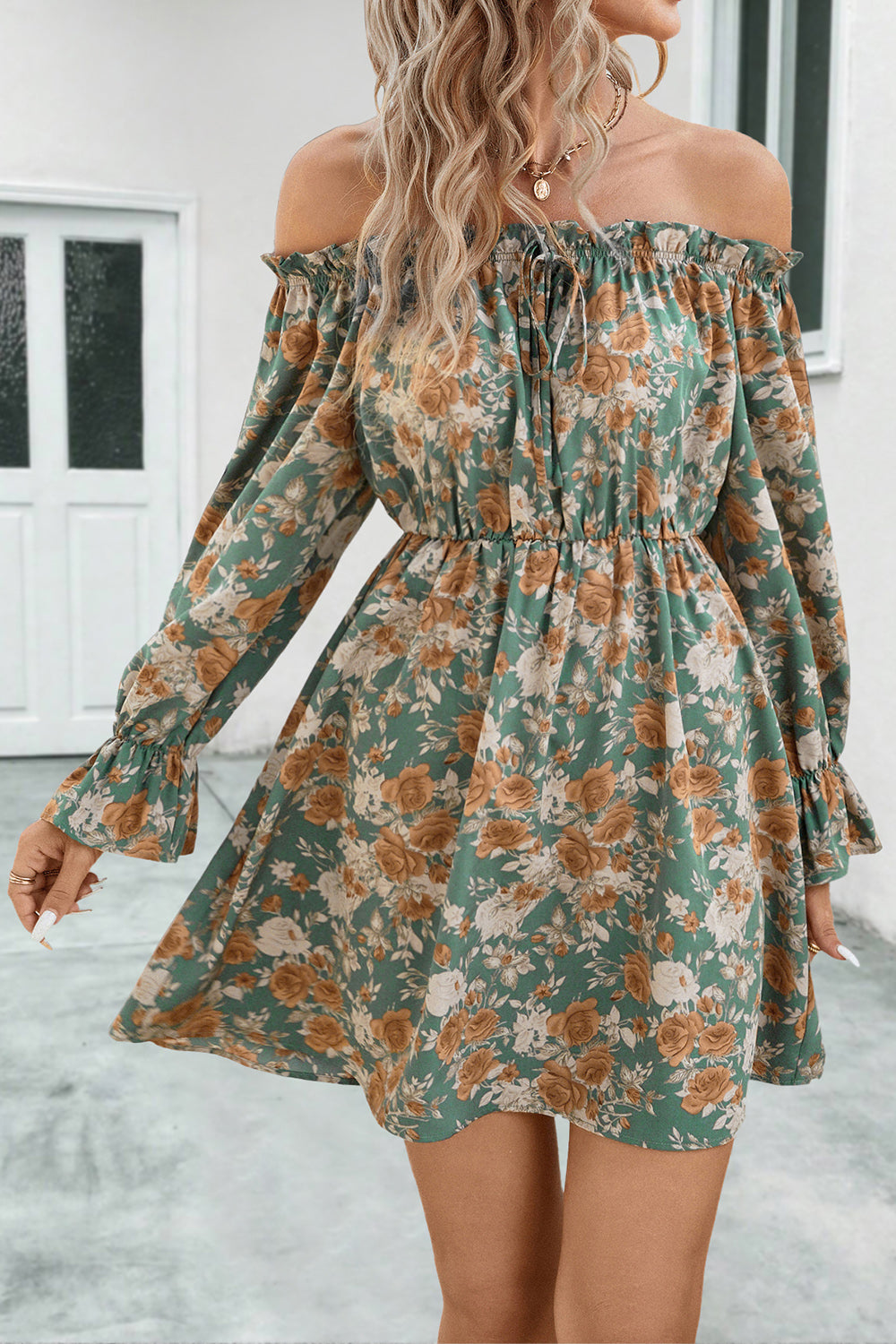 Floral Off-Shoulder Flounce Sleeve Dress - Green / S - All Dresses - Dresses - 1 - 2024